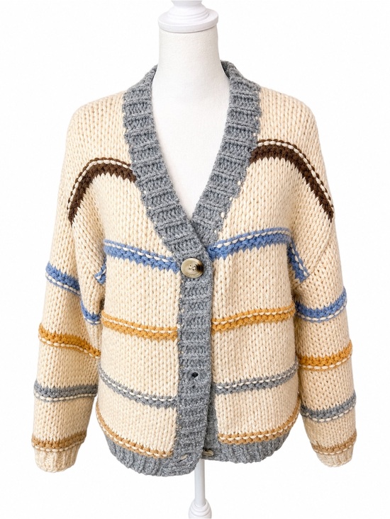 Vici Sweaters - Vici Cream Chunky Cardigan with Gray Trim and Blue, Brown & Mustard Stripes